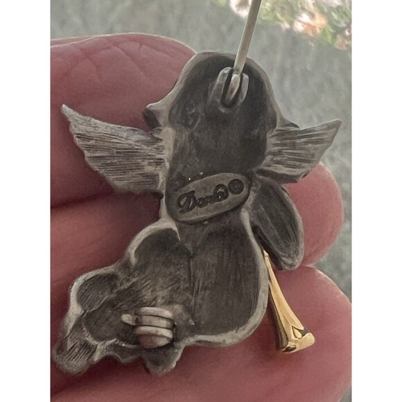 Vintage Signed Daria Pewter Angel With Gold Tone Metal Trumpet Brooch - Picture 3 of 4